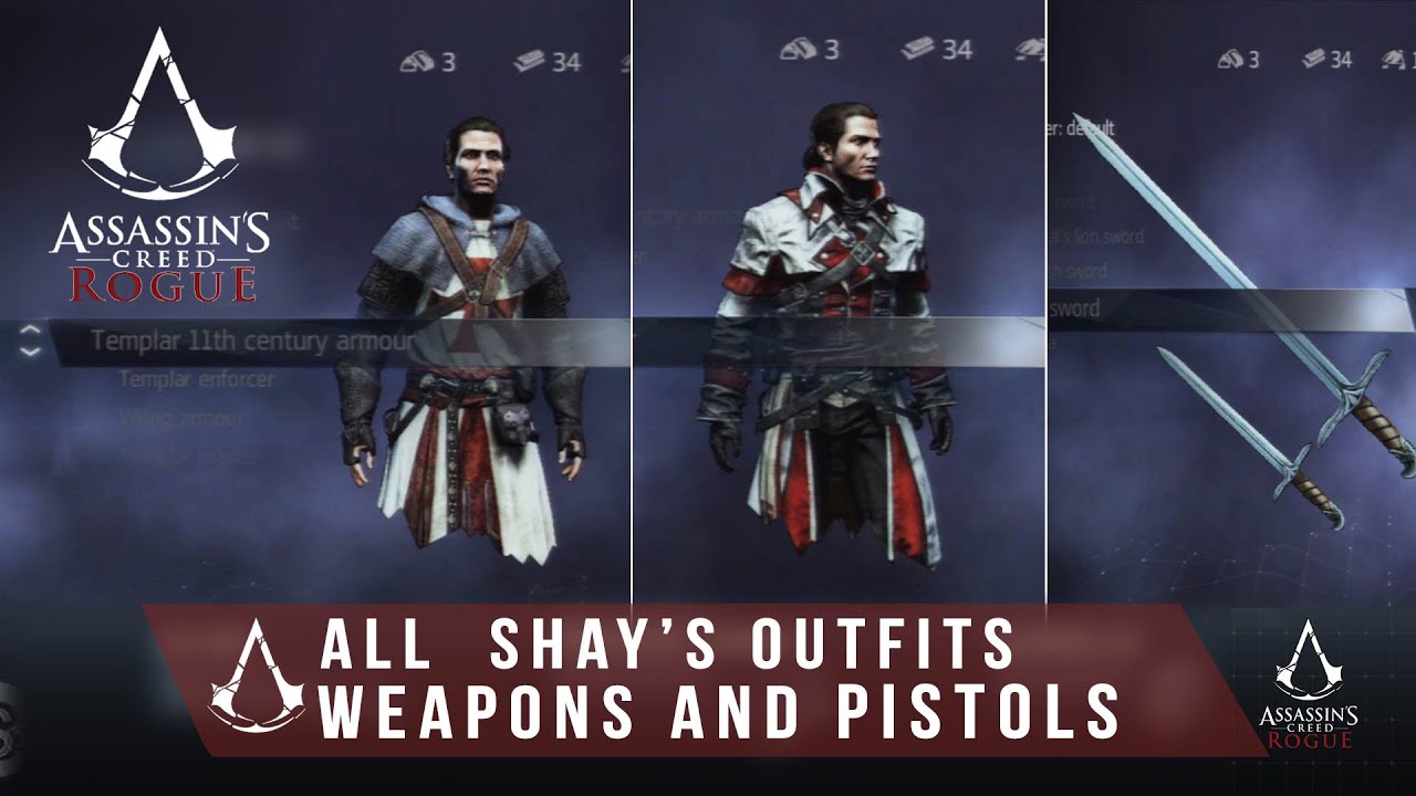 Assassins Creed Rogue - All Outfits, Swords and Pistols (Showcase ONLY) 