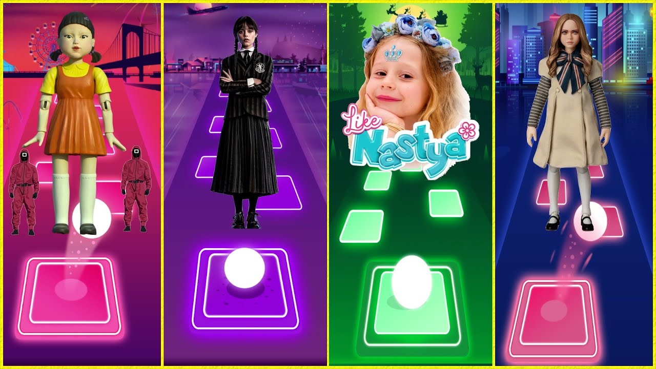 Wednesday Addams Vs Like Nastya Vs M3GAN Vs Squid Game | Tiles Hop