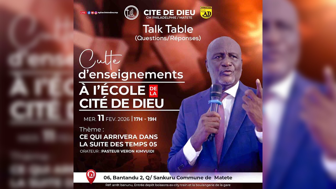 Bienvenu (e) à notre culte d'enseignements à l'école de la Cité de Dieu Mercredi 11 février 2026.