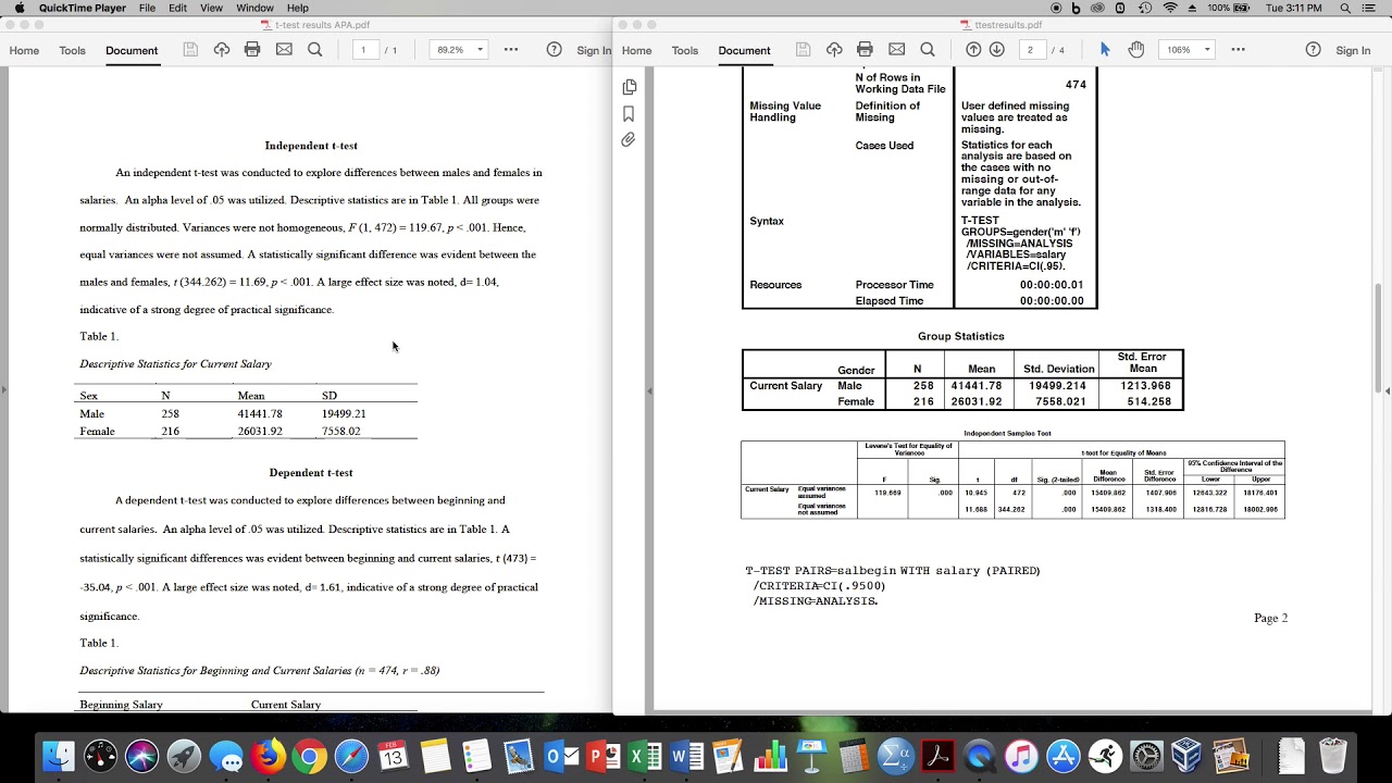 t tests--output to write up
