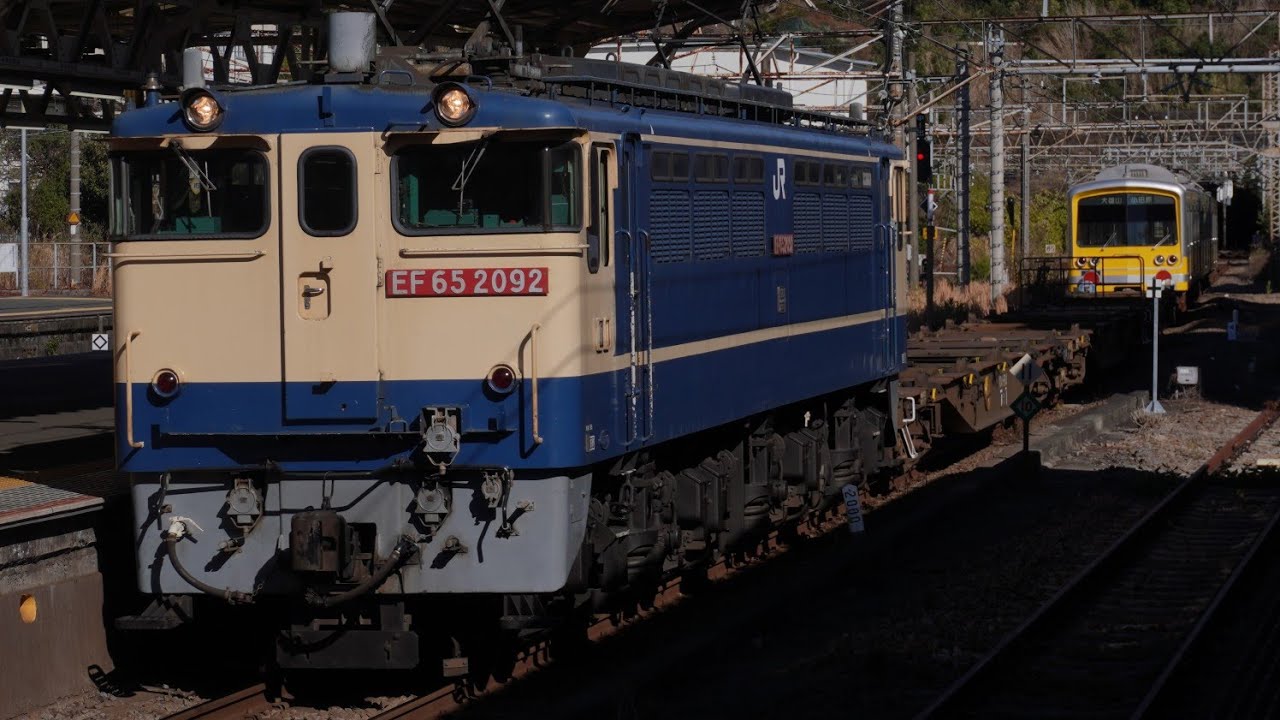 伊豆箱根鉄道 大雄山線  5504F  大場入場 (全検) 甲種輸送　EF65-2092＋介在コキ3両＋5504F 3両　甲140号・9867レ　熱海通過　2026.1.8.12:44