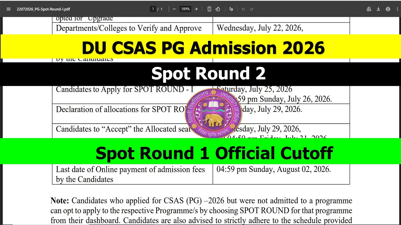DU CSAS PG Admission 2026 Spot Round 2 | DU CSAS UG 2026 Cutoff 1 Out