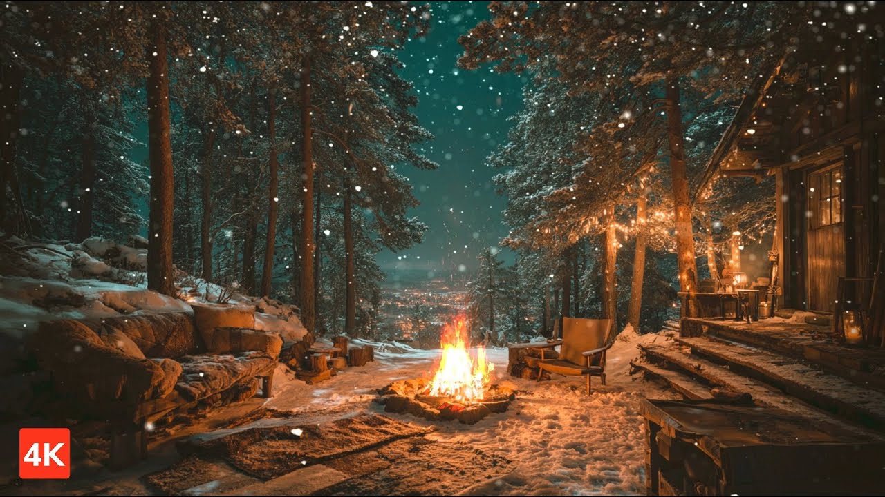 4K • 5 Hours Cozy Mountain Bonfire Ambience – Snowfall, Crackling Fire & Soft Sleep Music ❄️🔥