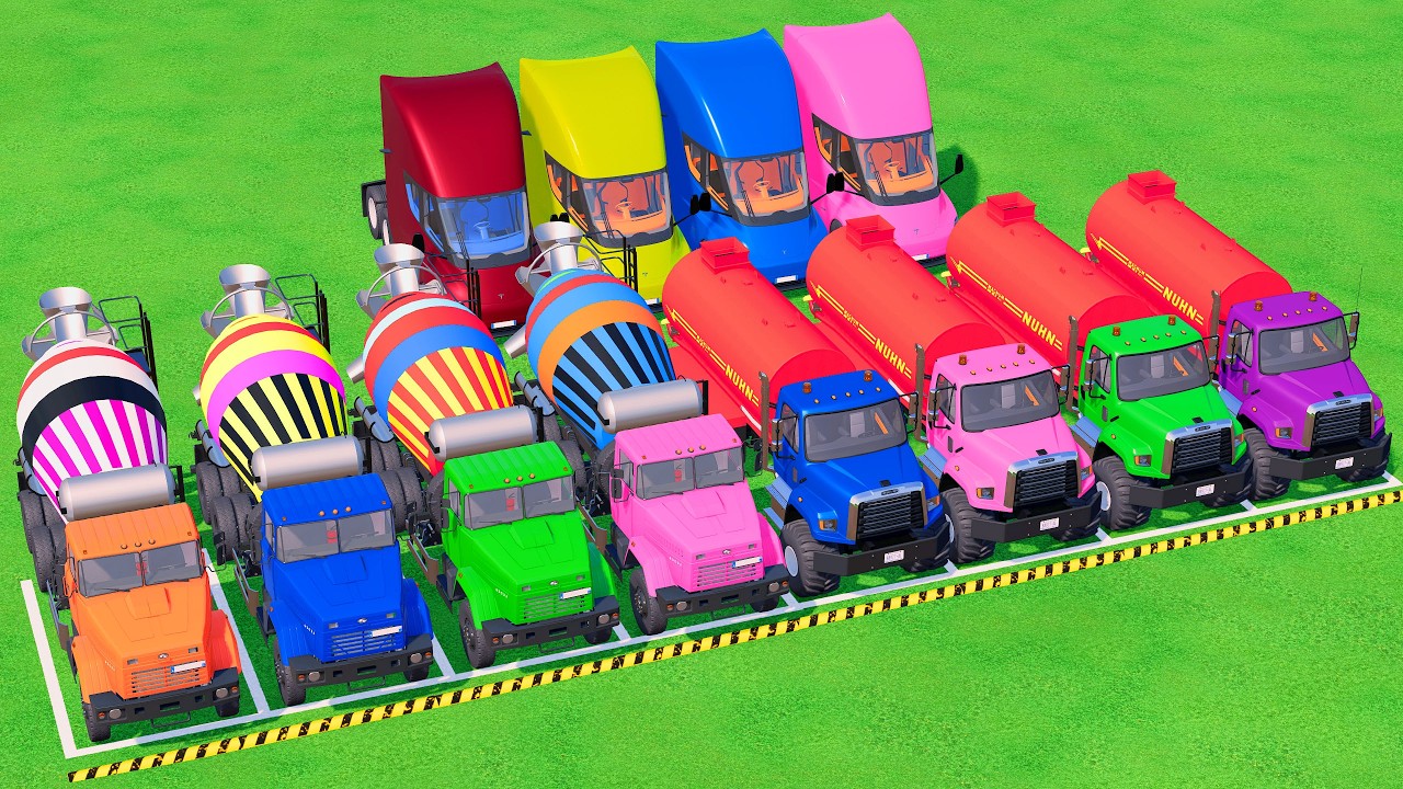 Trucks With COLORS - TRANSPORTING MIXER TRUCK and TRUCK with FLATBED TRAILER TRUCK #42