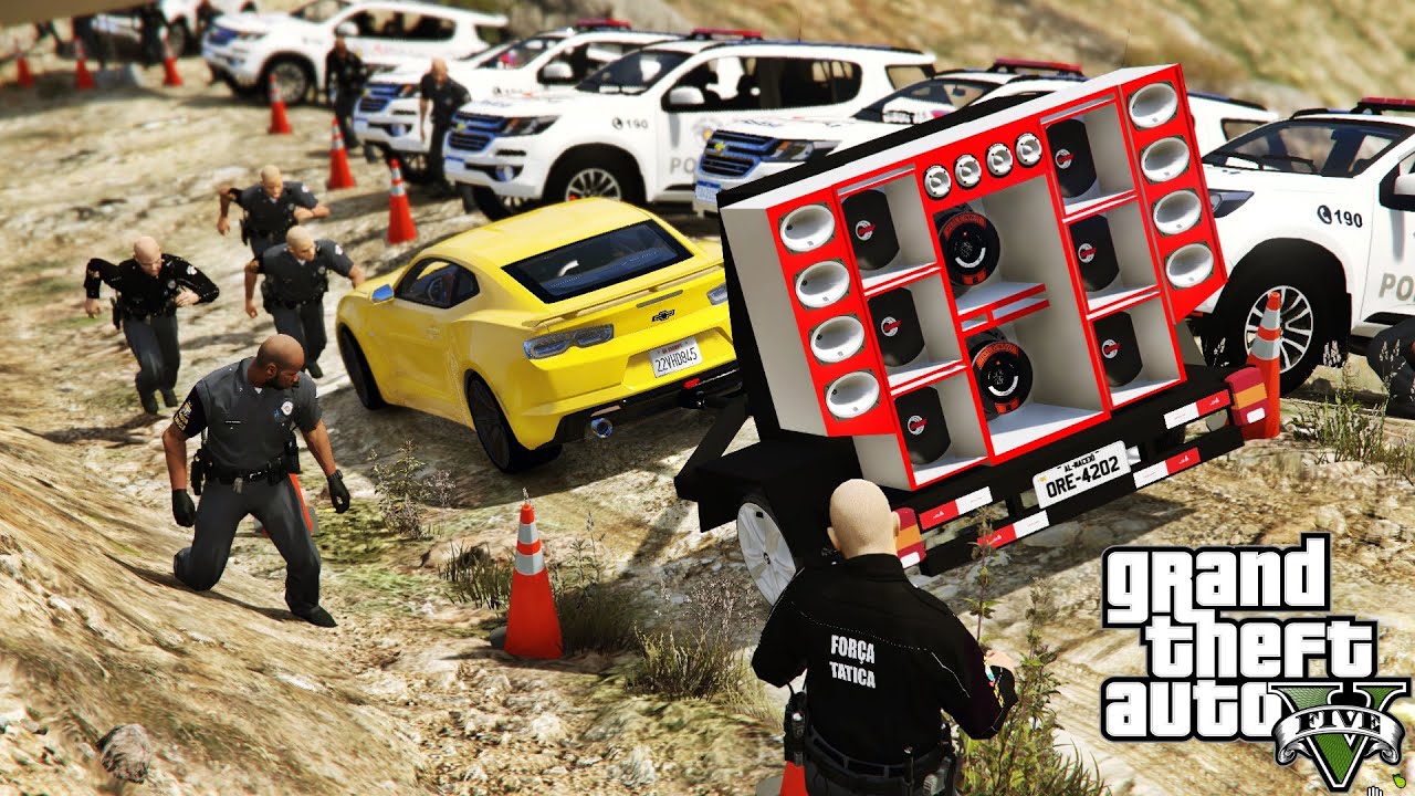GTA 5 | CAMARO PUXANDO CARRETINHA DE SOM PASSA NA BLITZ ESTRALANDO O PISEIRO