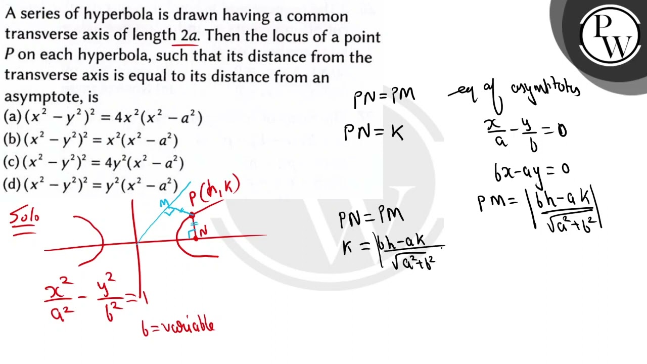 A series of hyperbola is drawn having a common transverse axis of length \( 2 a \). Then the loc...