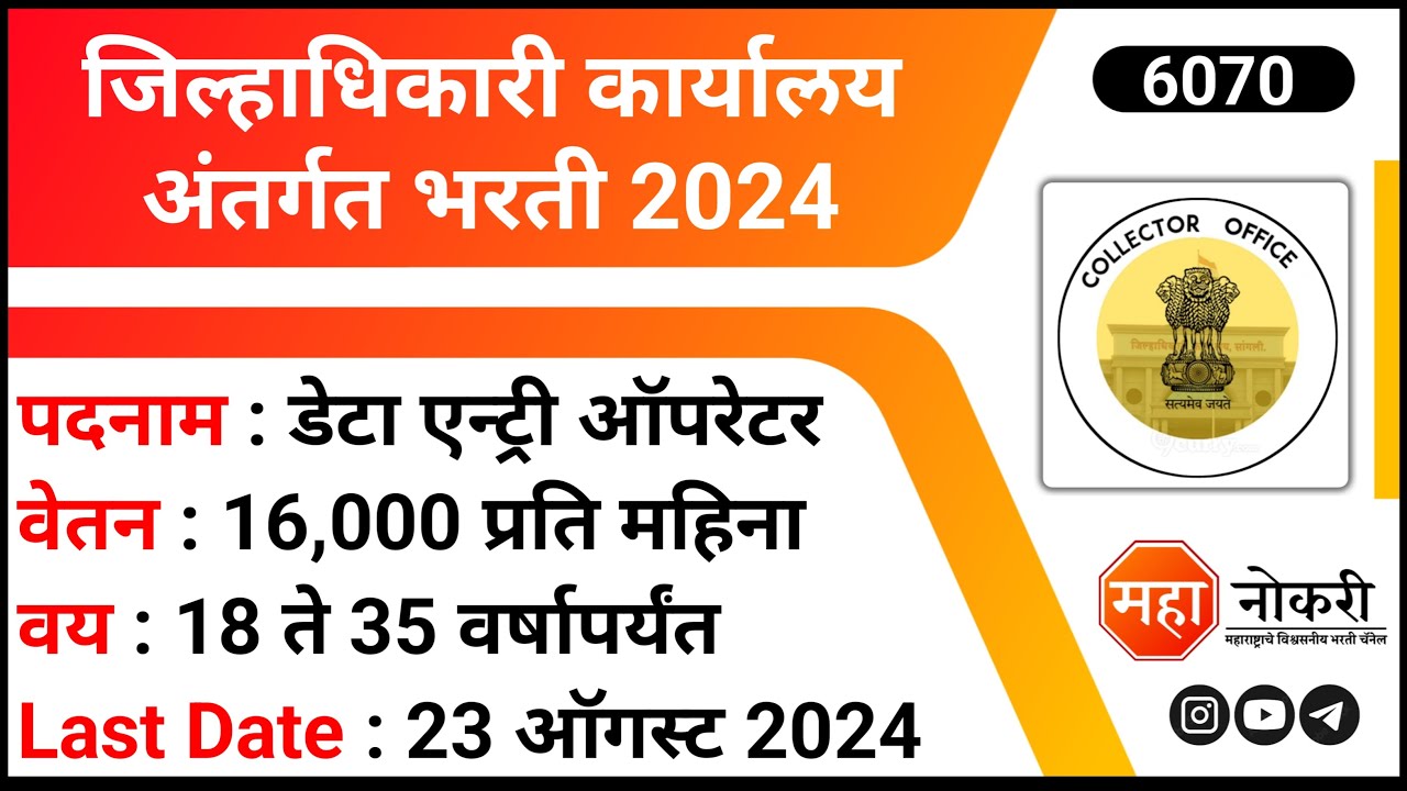 Collector Office Recruitment 2024 | Jilhadhikari Karyalay Washim Bharti 2024 | Data Entry Jobs