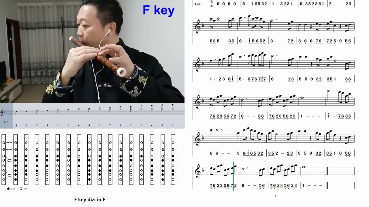 《Qingwen Song》Staff +number notation video with finger chart Bass A Bass G C F key dizi《晴雯歌》竹笛练习