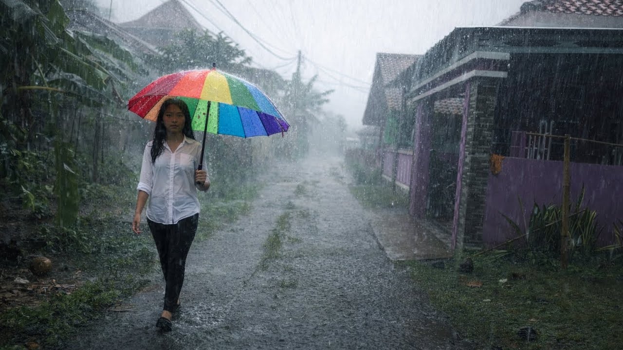 Walking Down a Quiet Road in Heavy Rain | Deep Relaxation & Anxiety Relief
