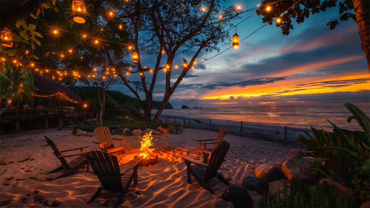 Beach Ambience for Relax | Coastal Sunset Calm 🌅 Soothing Ocean Breeze & Firelight Comfort