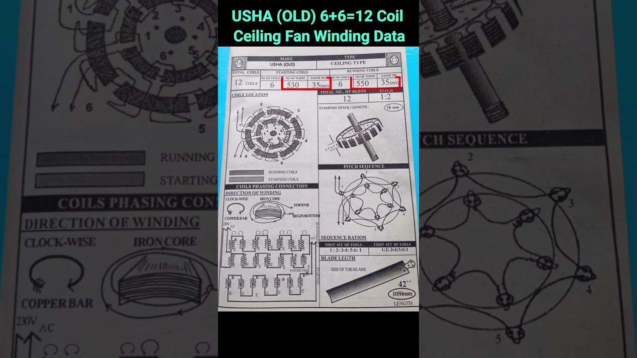 USHA (OLD) 6+6=12 Coil Ceiling Fan Winding Data #shorts #ceilingfan #windingdata