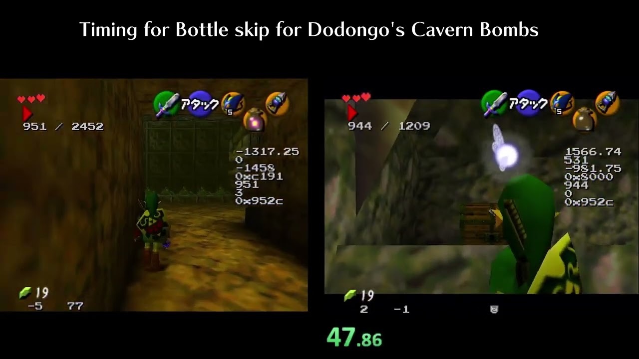 Timing for Bottle skip for Dodongo's Cavern Bombs (Climb vs Doom Jump)