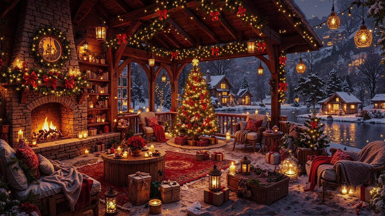Warm Christmas Ambience in Cozy Winter Porch 🎅 Slow Christmas Jazz & Fire Pit Sounds for Deep Sleep