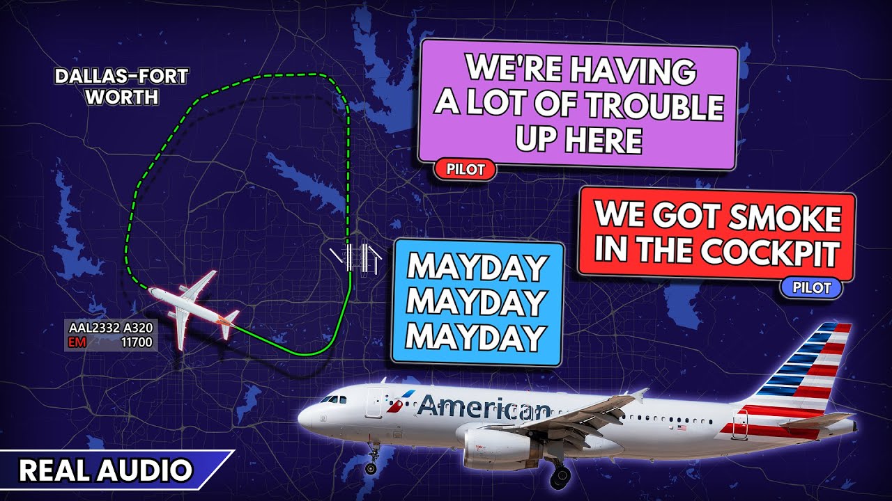 MAYDAY. Pilot reports smoke in the cockpit. American Airbus A320 returns to Dallas. Real ATC