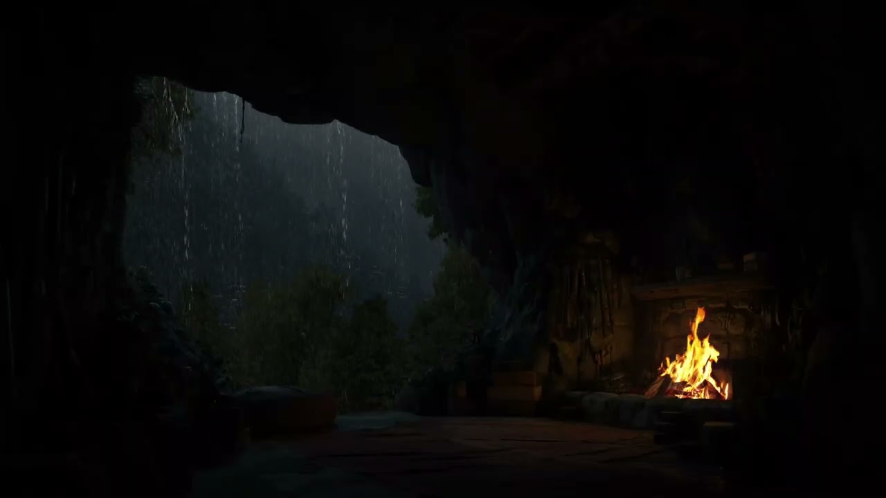 Relaxe Ao Som Da Chuva Na Caverna Ao Lado Da Fogueira Para Ajudá-Lo A Adormecer E Se Concentrar