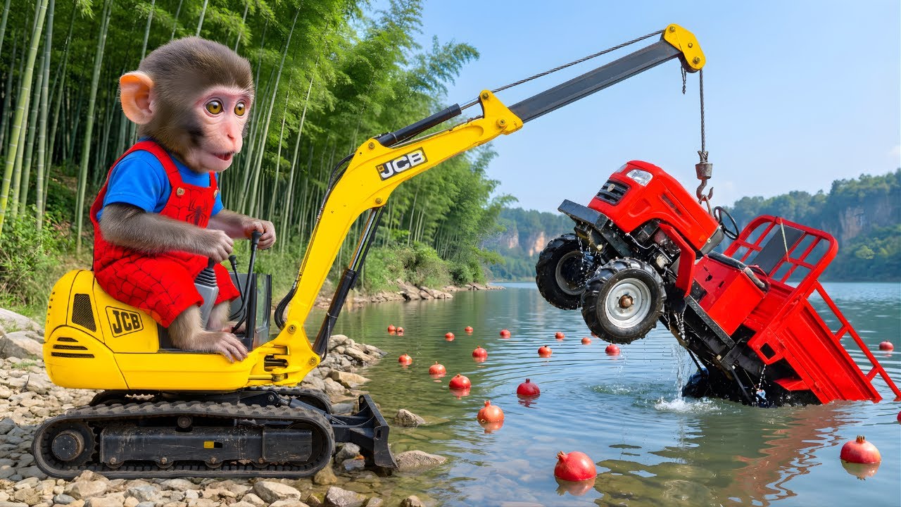 Monkey YOYO the JCB Tractor Excavator to Rescue His Tractor After His Trailer Fell Into The River!!