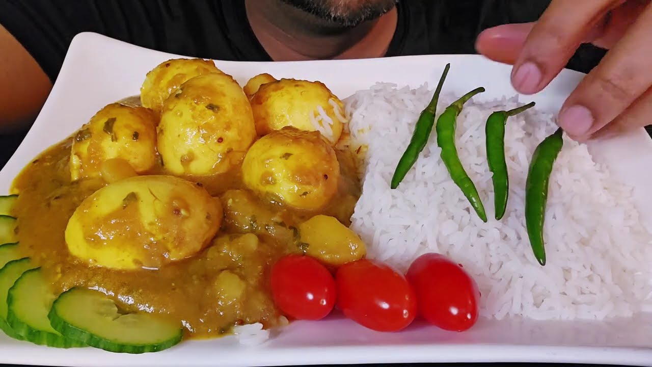 ASMR Mukbang!! Spicy Potato Egg Curry With Basmati Rice 🌶️🌶️🌶️