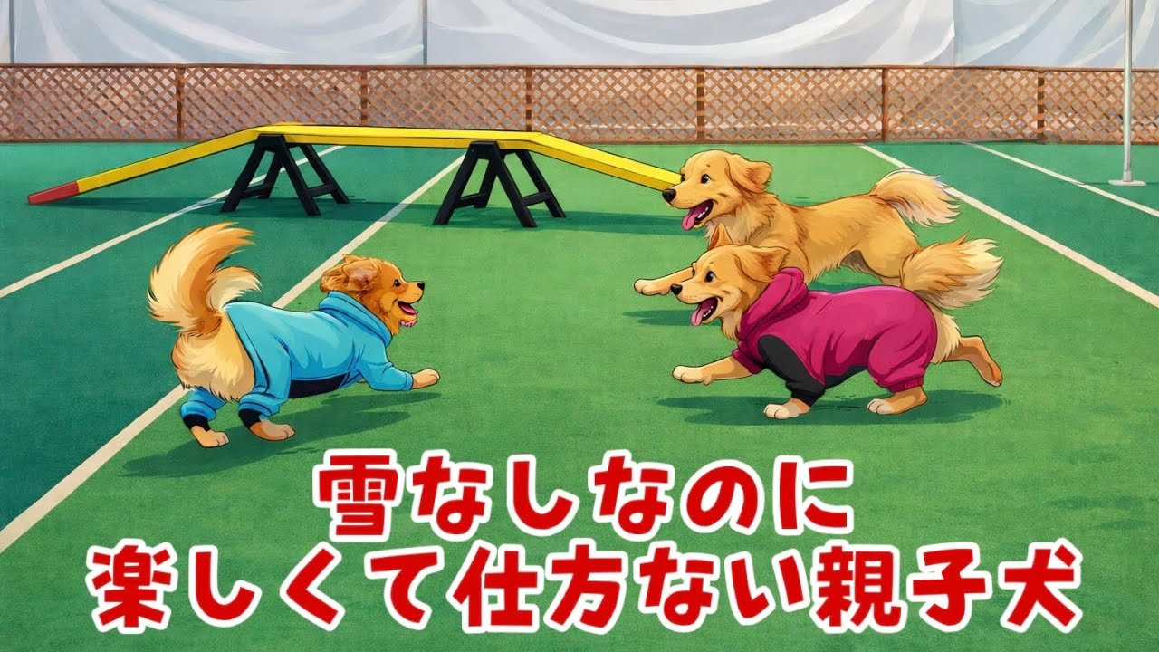 雪なし旅でも走りまくる親子犬