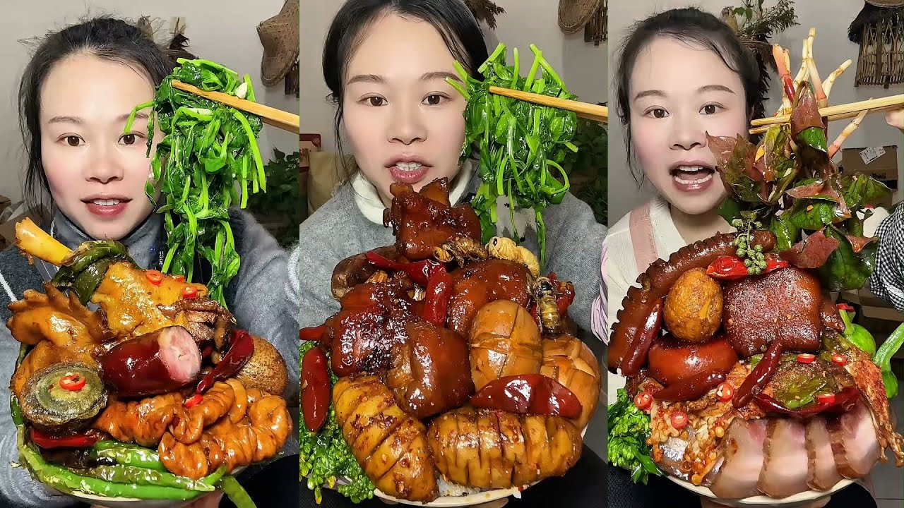 🔥 Homemade Mukbang | Braised Pork, Water Spinach, Eggs & Super Spicy Chili 🌶️ | Super delicious