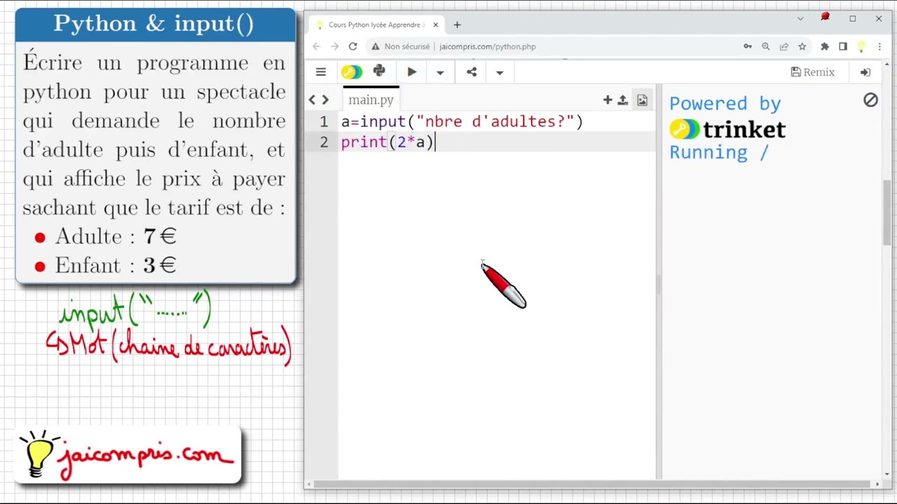 Python ♦ input() ♦ Faire un programme pour billetterie: demande nombre enfant, adulte ➜ prix ♦ SNT