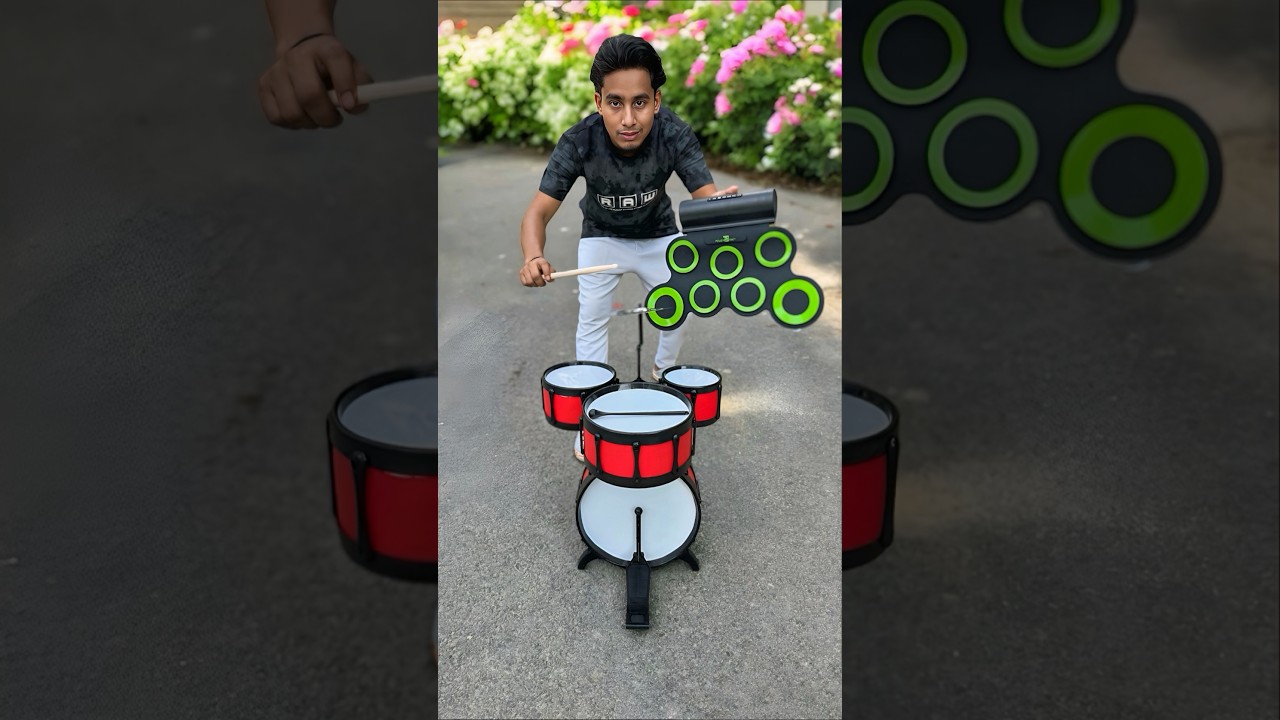 Красная барабанная установка и электронная барабанная установка против ручного барабана😱