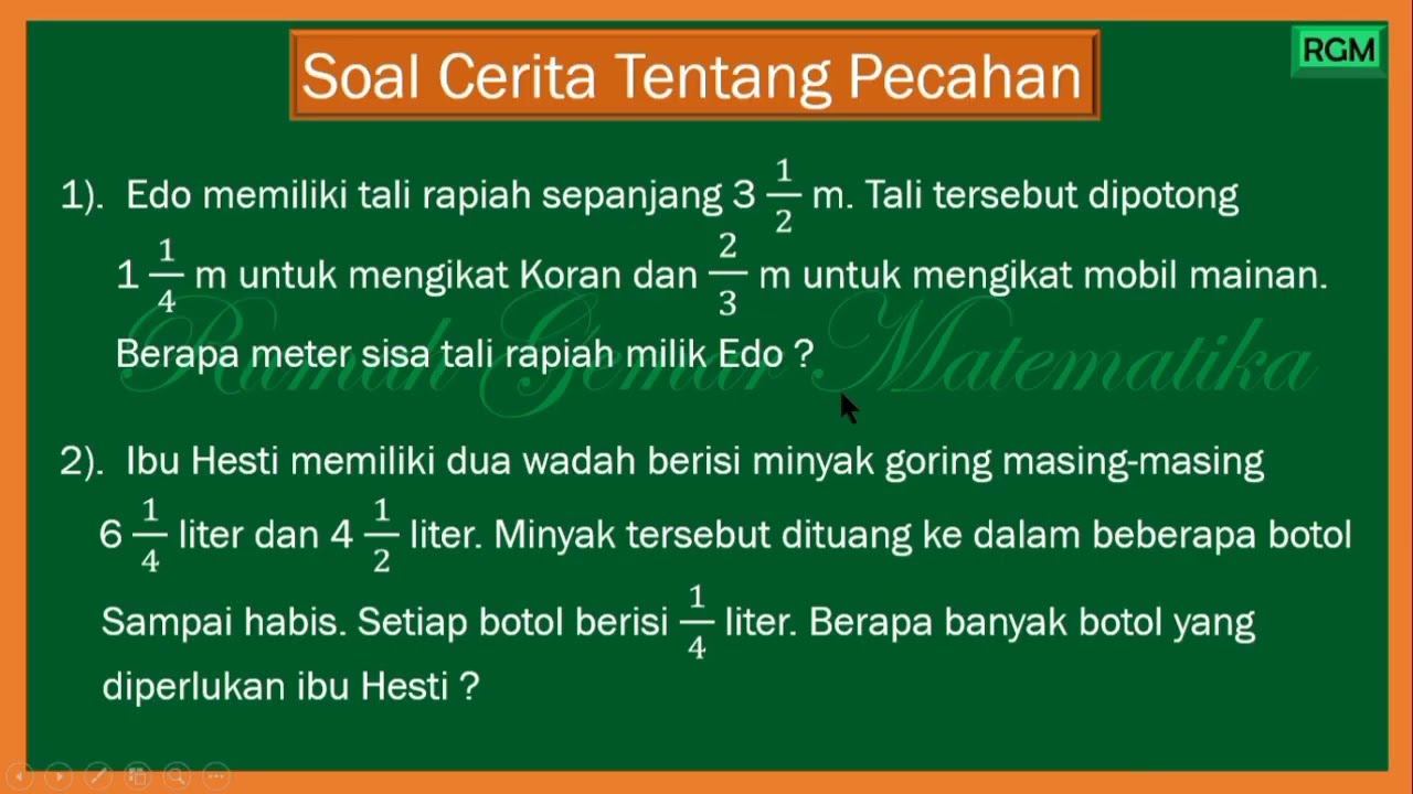 SOAL CERITA PECAHAN #penjumlahanpecahan  #penguranganpecahan #pecahan