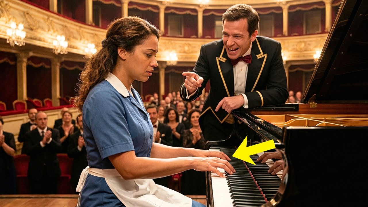 TOQUE ALGO PRA GENTE RIR!” — DISSE O PIANISTA FAMOSO… MAS A FAXINEIRA CALOU TODO O TEATRO!