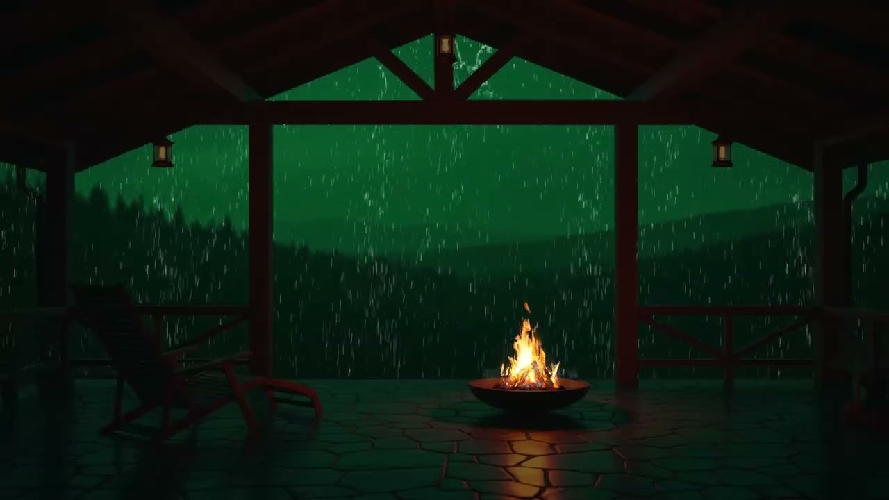 Heavy Rainstorm Outside with Cozy Fireplace Sounds for Deep Relaxation