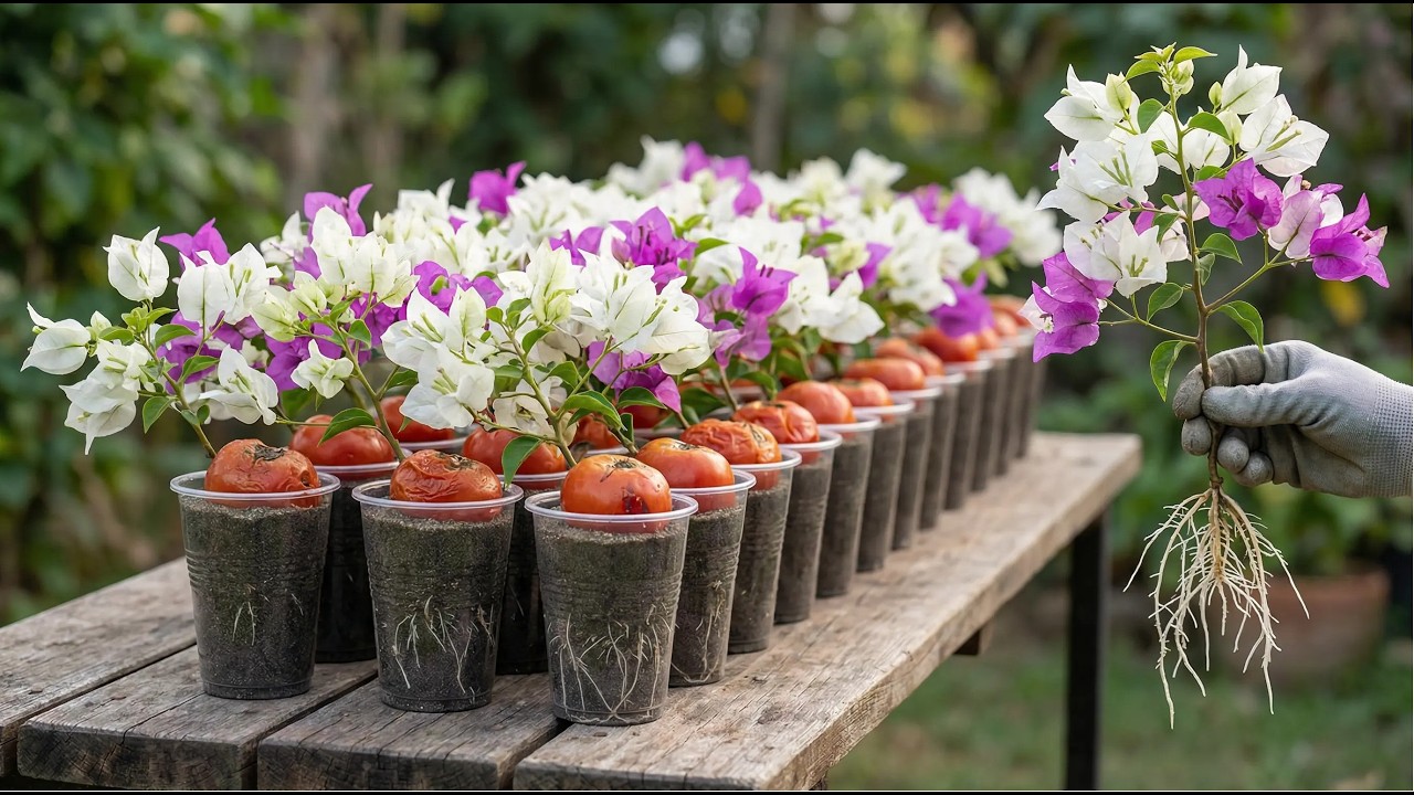 Tip for saving money on seedlings - Use tomatoes to propagate bougainvillea.