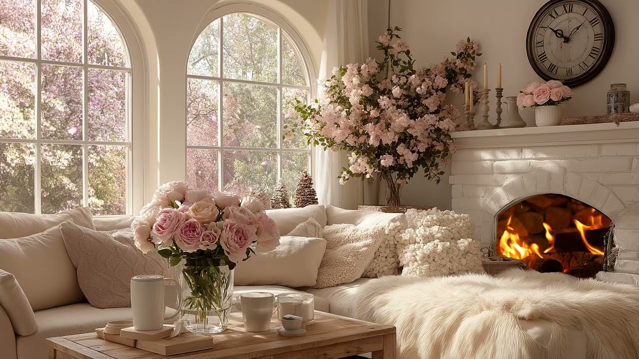 🌸🔥 Spring Piano in White Lounge | Candlelight Flowers & Fireplace | 3 Hours Sleep Relax Study Work