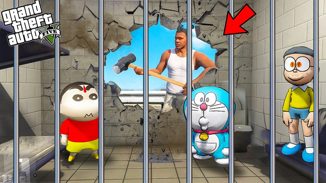 GTA V : Franklin Break The Jail Wall To Save Shinchan And Doraemon From Jail In GTA 5 Telugu |#gta5