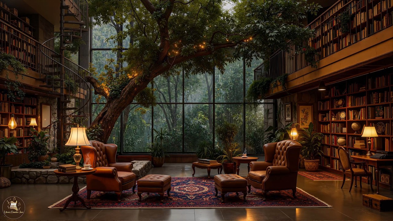 Soft Jazz in a Wooden Forest Library – Calm Jazz with Rainy Evening Mood for Deep Relaxation