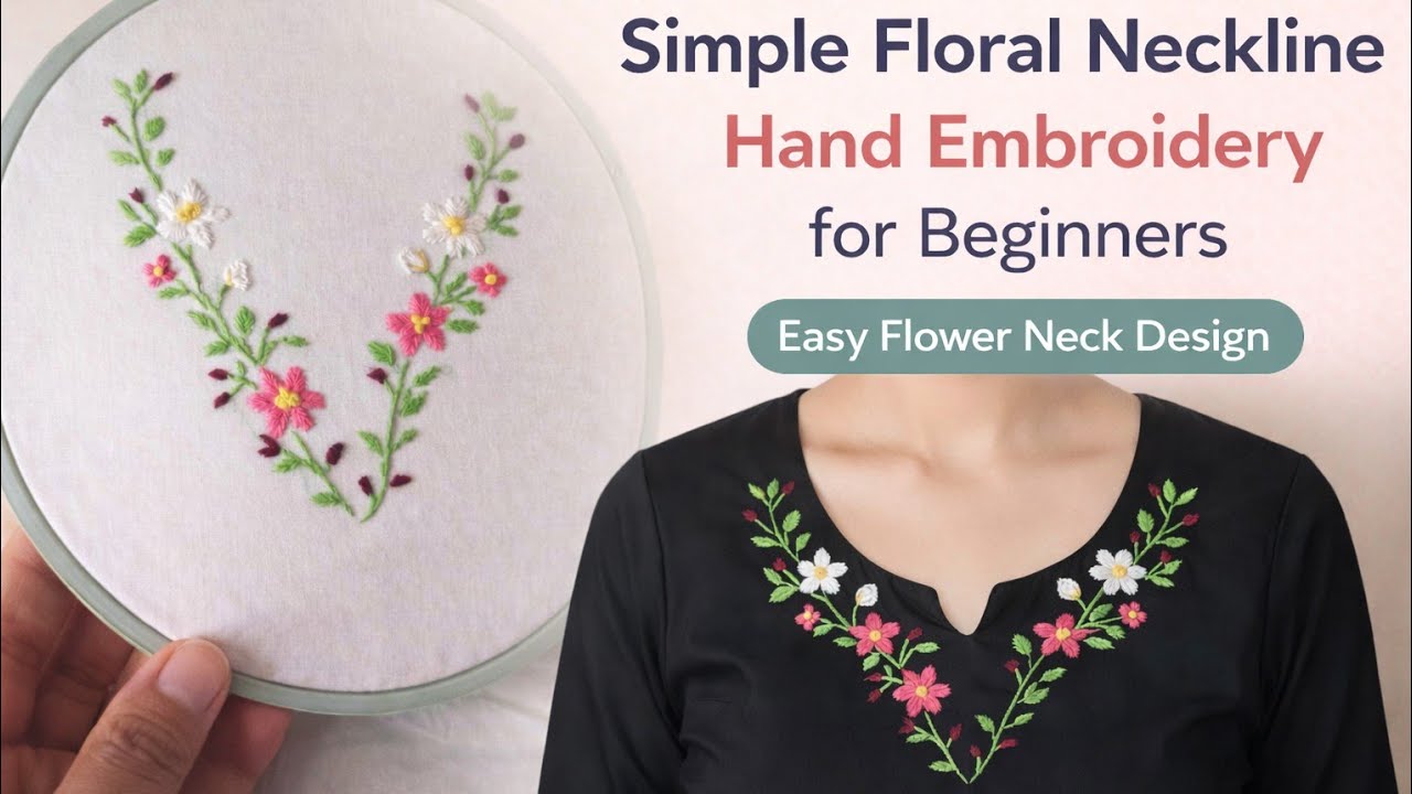 Simple Floral Neckline Hand Embroidery for Beginners | Easy Flower Neck Design