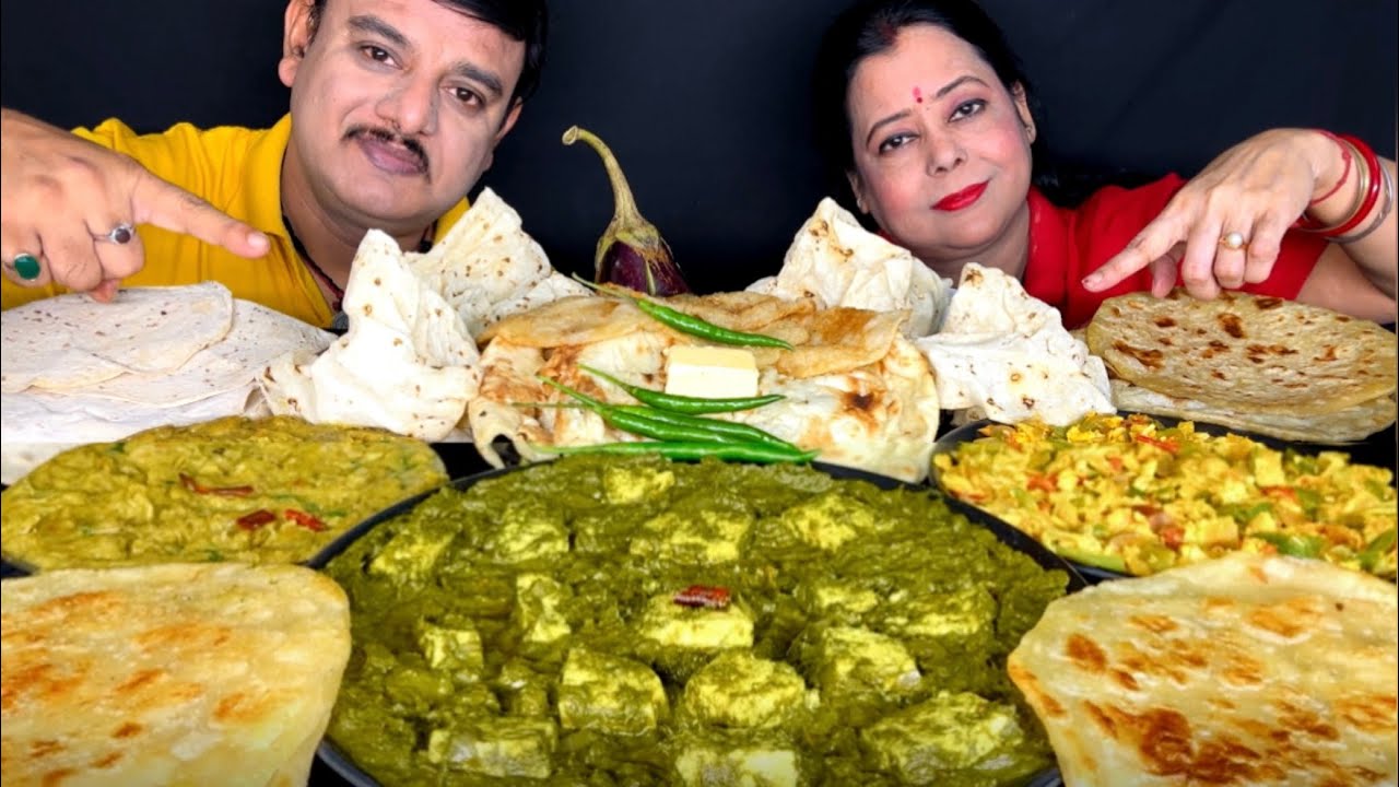 SPICY🔥SAAHI PALAK PANEER EGG BHURJI BAINGAN BHARTA BUTTER NAN ALOOPARATHA PURI EATING CHALLENGE#food
