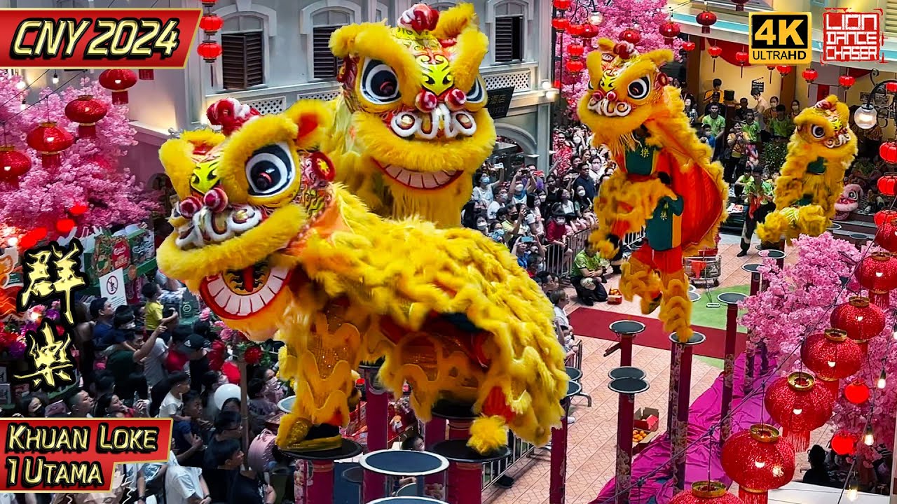 CNY 2024 - Double Acrobatic Lion Dance by Khuan Loke 群乐 @ 1 Utama 龙年春节 贺岁舞狮 高难度高桩醒獅採青