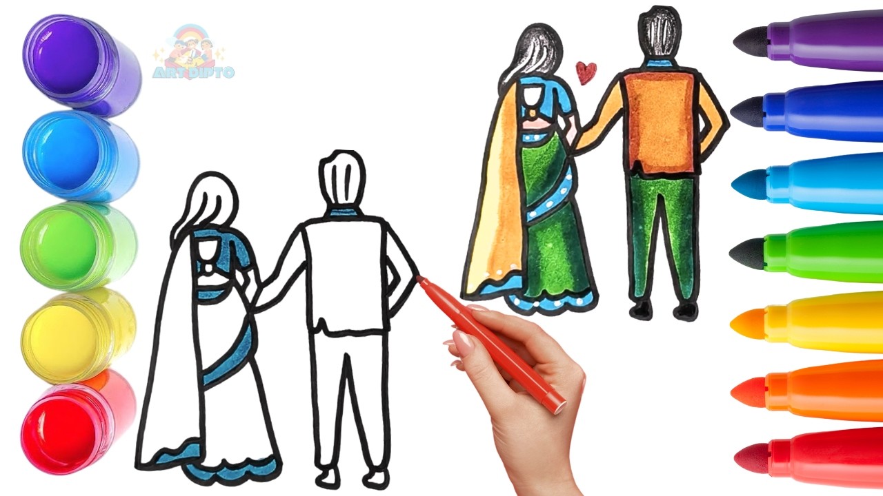 How To Draw cute Romantic Couple Drawing, Painting & Coloring For Kids and Toddlers_ Child Art 🐋🌈🎨
