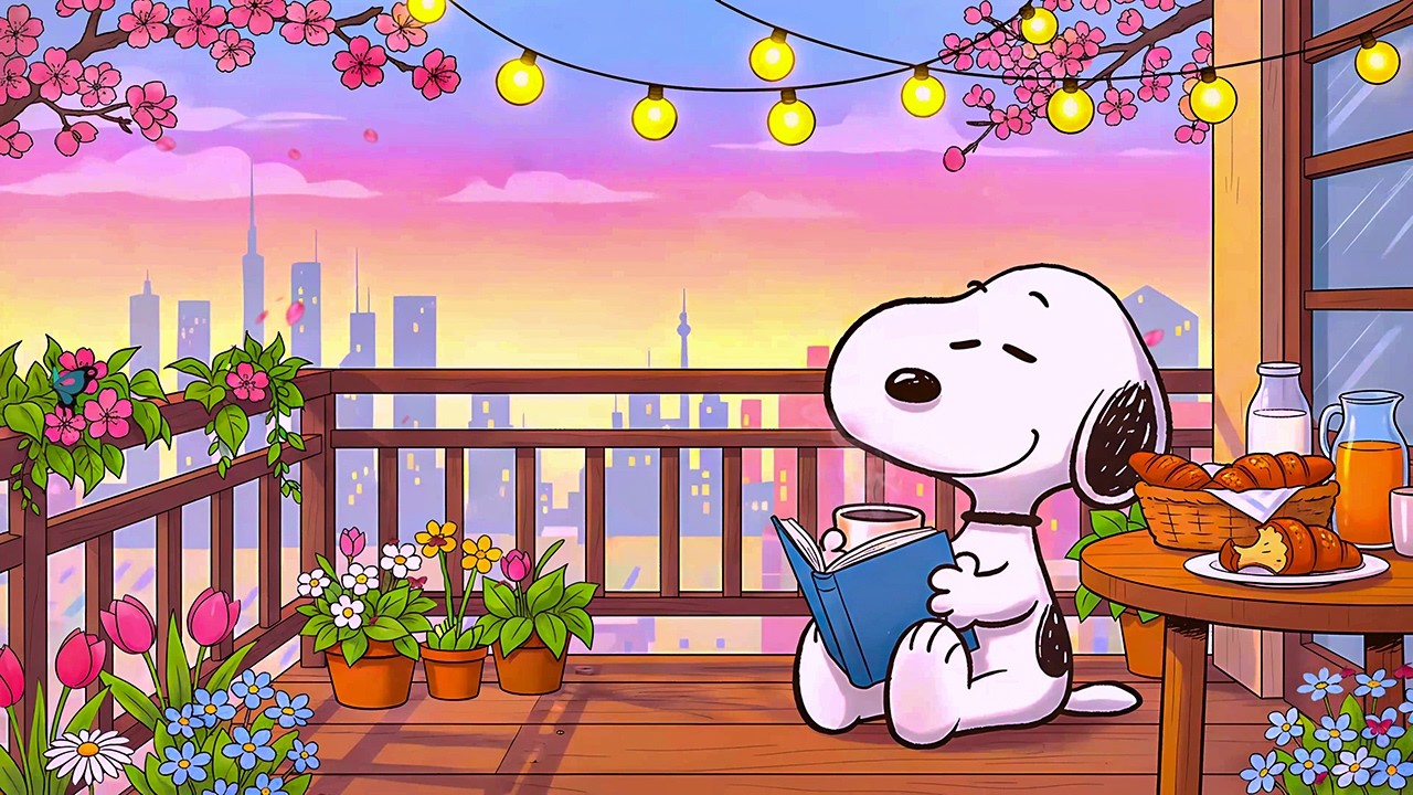 Sunset Balcony Lofi Mix 🌺 Cozy Cherry Blossom Evening with Snoopy ☕ Chill Beats for Study & Relax