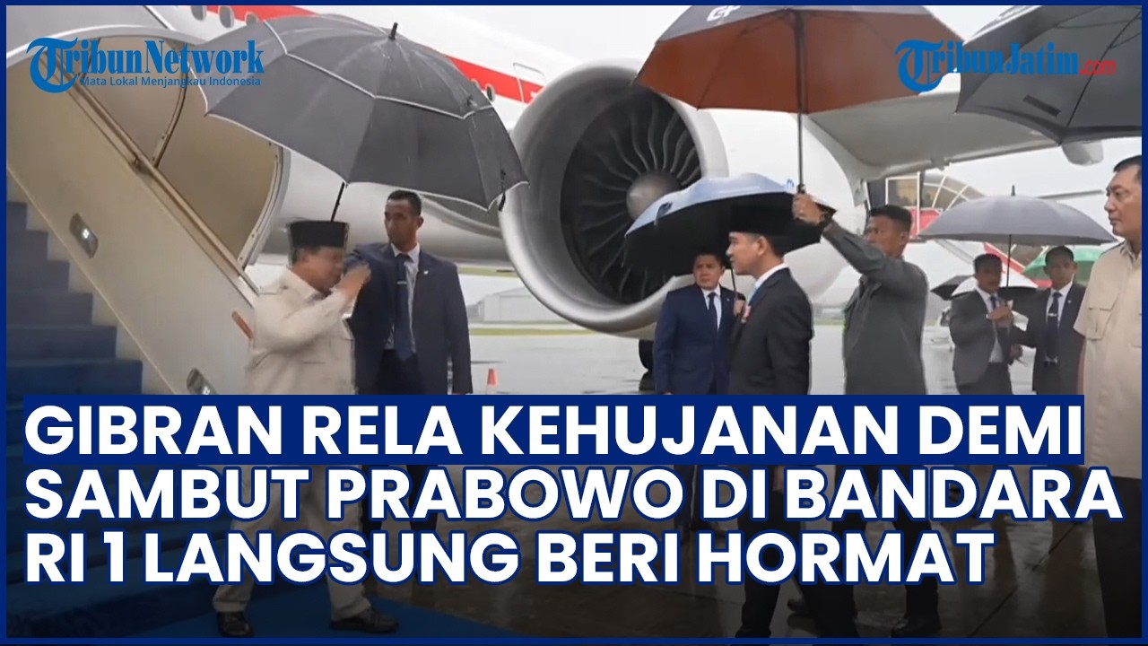 DEMI SAMBUT PRESIDEN! Gibran Rela Hujan hujanan sambut Kepulangan Prabowo di Bandara