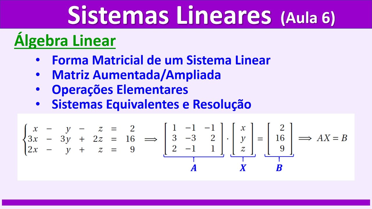 SISTEMAS LINEARES - AULA 6: Forma matricial. Matriz Aumentada. Opera&ccedil;&otilde;es elementares e Resolu&ccedil;&atilde;o.
