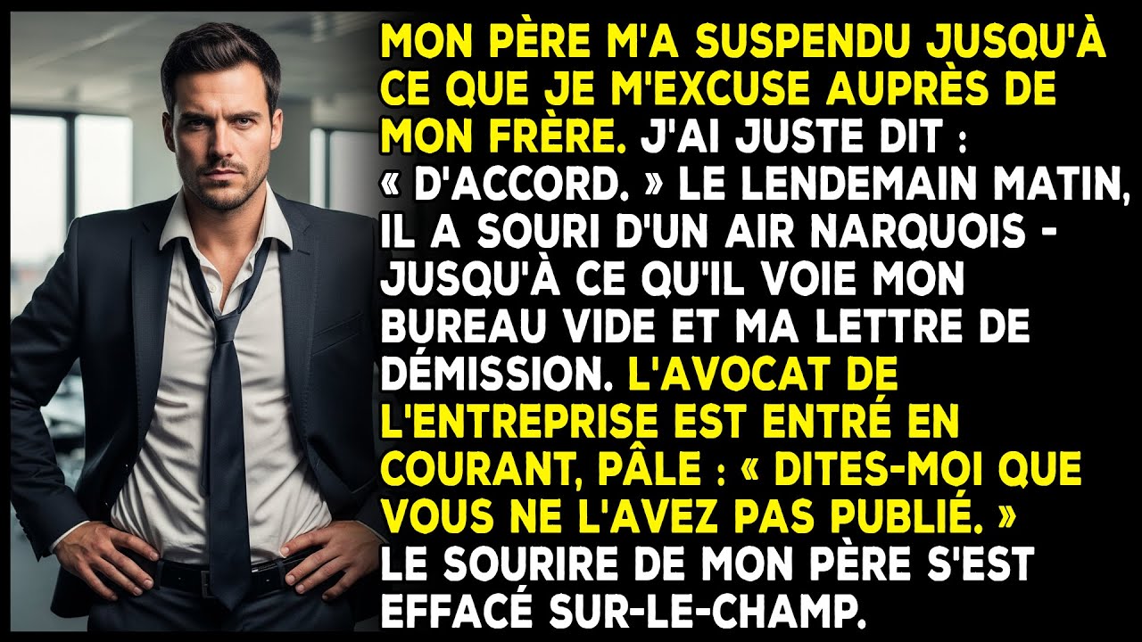 Mon père m'a suspendu devant toute l'entreprise — le lendemain, son avocat l'a fait pâlir.