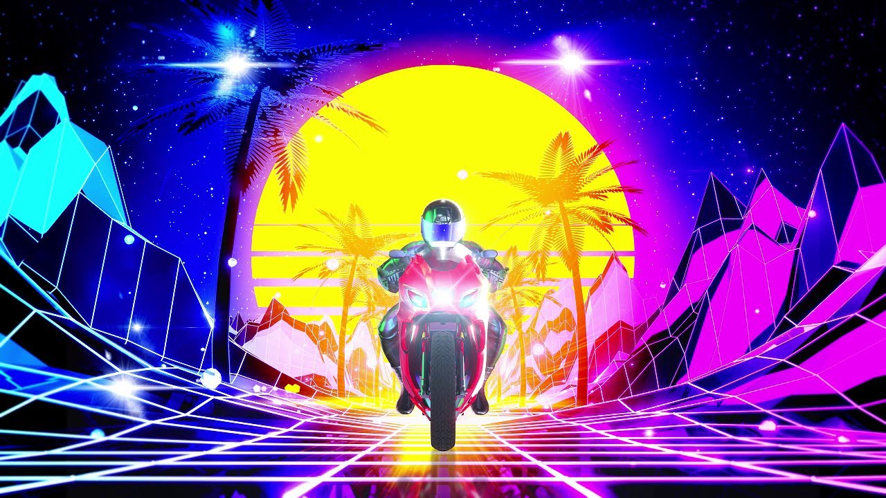 Motorcycle Palm Tree Road with Neon Lights – Retro Loop Background | 4H 4K Party Visual