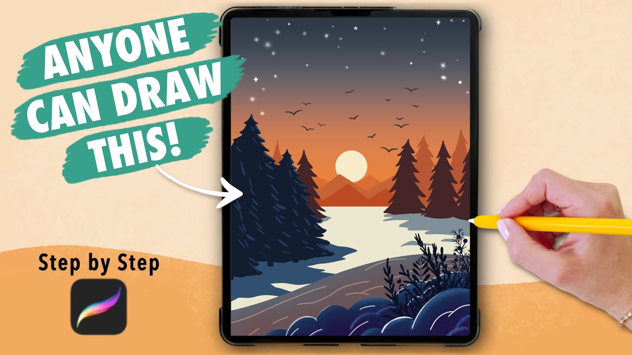 Anyone Can Draw This WINTER LANDSCAPE in Procreate! EASY Procreate drawing tutorial for beginners