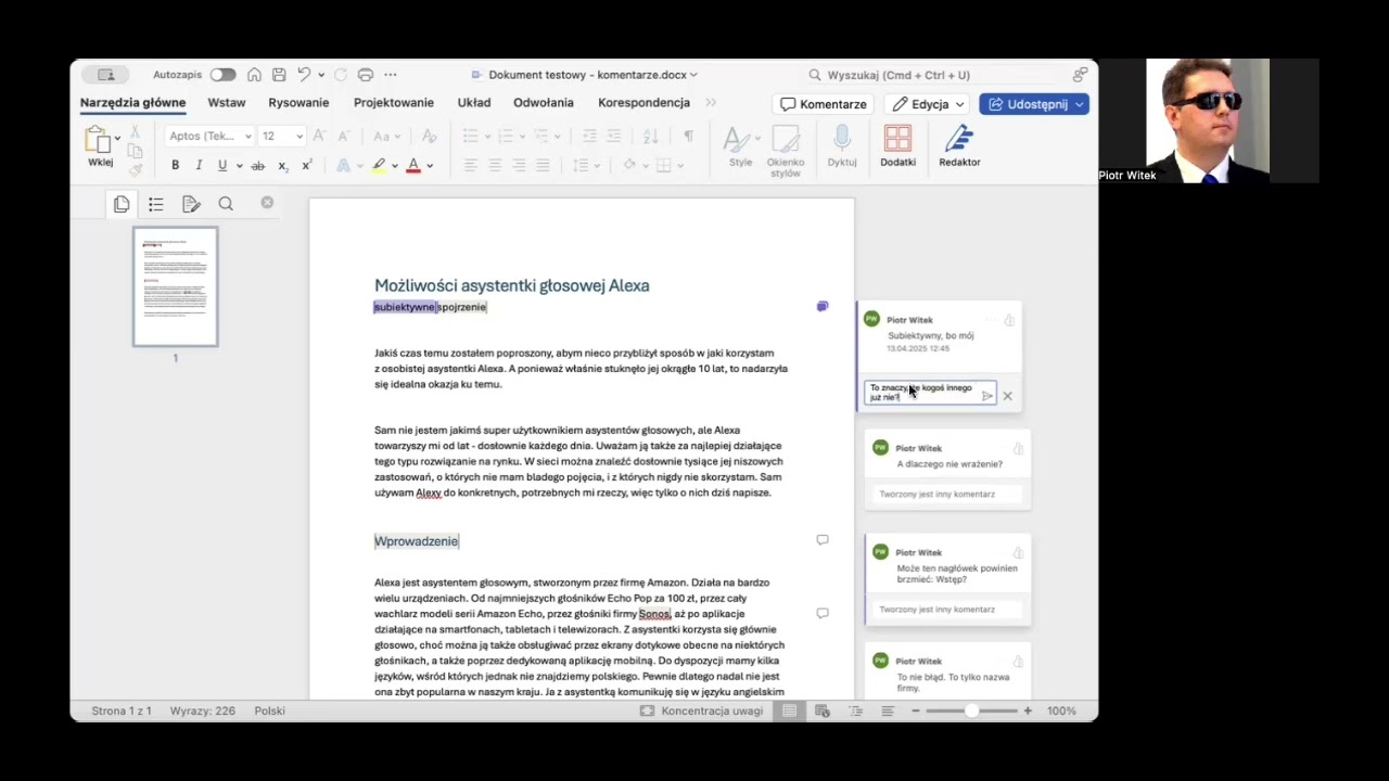 Komentarze z VoiceOver w Microsoft Word w systemie macOS