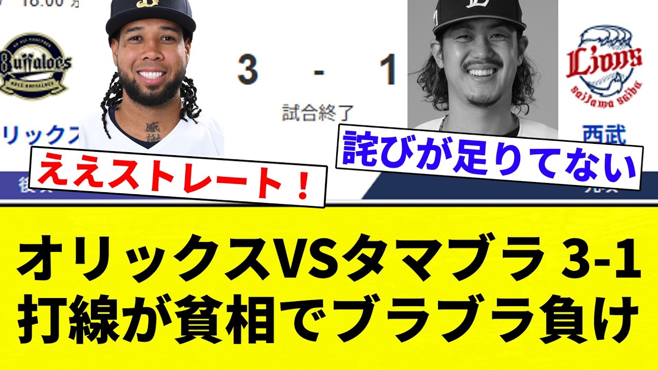 【ブラブラ】オリックスVSタマブラ 3-1 打線が貧相でブラブラ負け【プロ野球反応集】【2chスレ】【なんG】