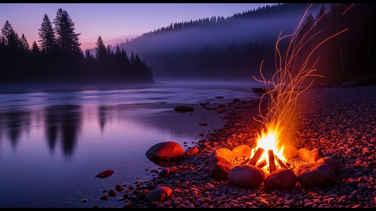 Crackling Fire by the River 🔥 Deep Forest Night Sounds