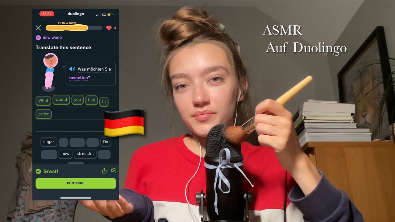 ASMR auf Deutsch auf Duolingo pt.7 | German on Duolingo | Clicky whispers, Mic brushing, German ASMR