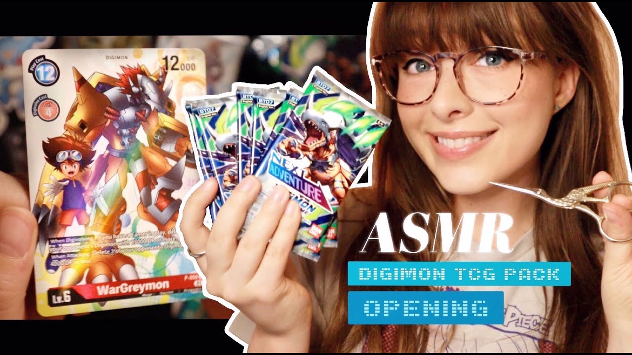 ASMR 👾 Digimon Booster Pack Opening! •⩊• Whisper Ramble, Crinkles & Tracing & Finger Pad Tapping!