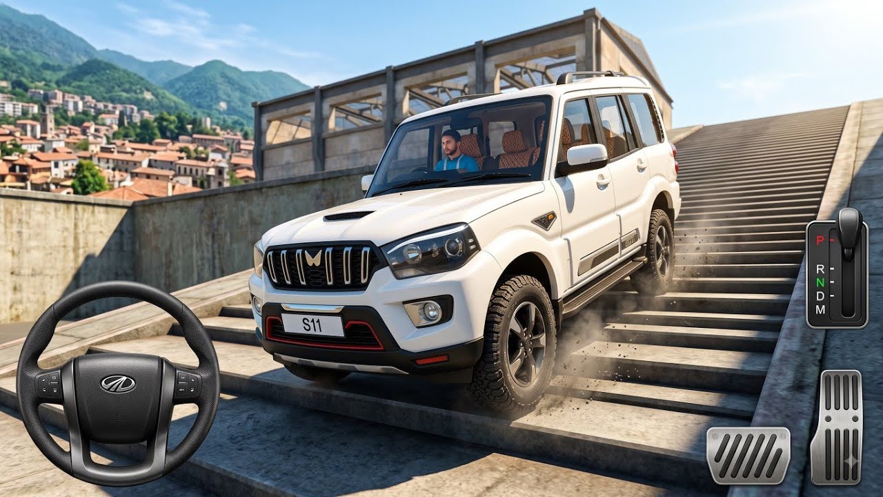 🚙 White Mahindra Scorpio Classic S11 Stairs Challenge! 😱 | BUSSID