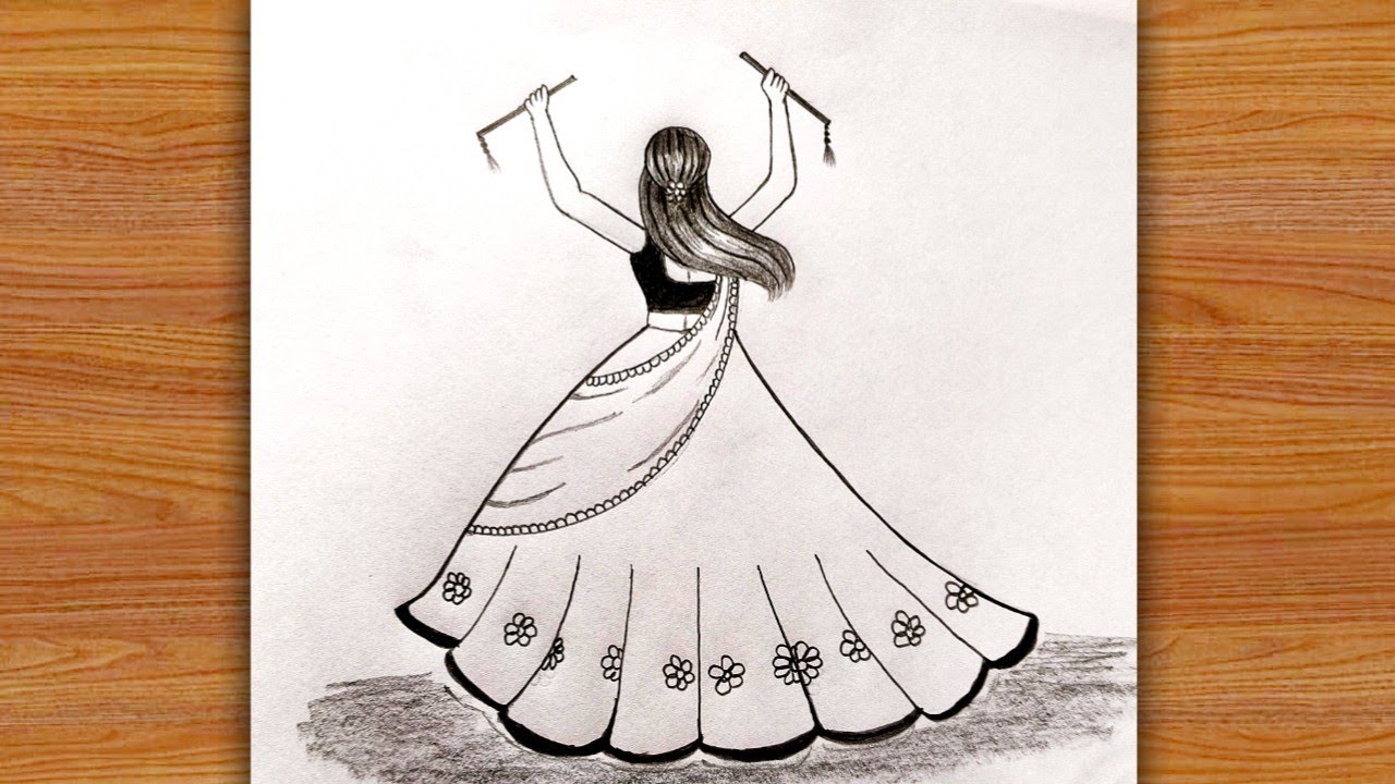 How to draw girl Playing Dandiya | Navratri Special Garba Drawing | girls with dandiya dance