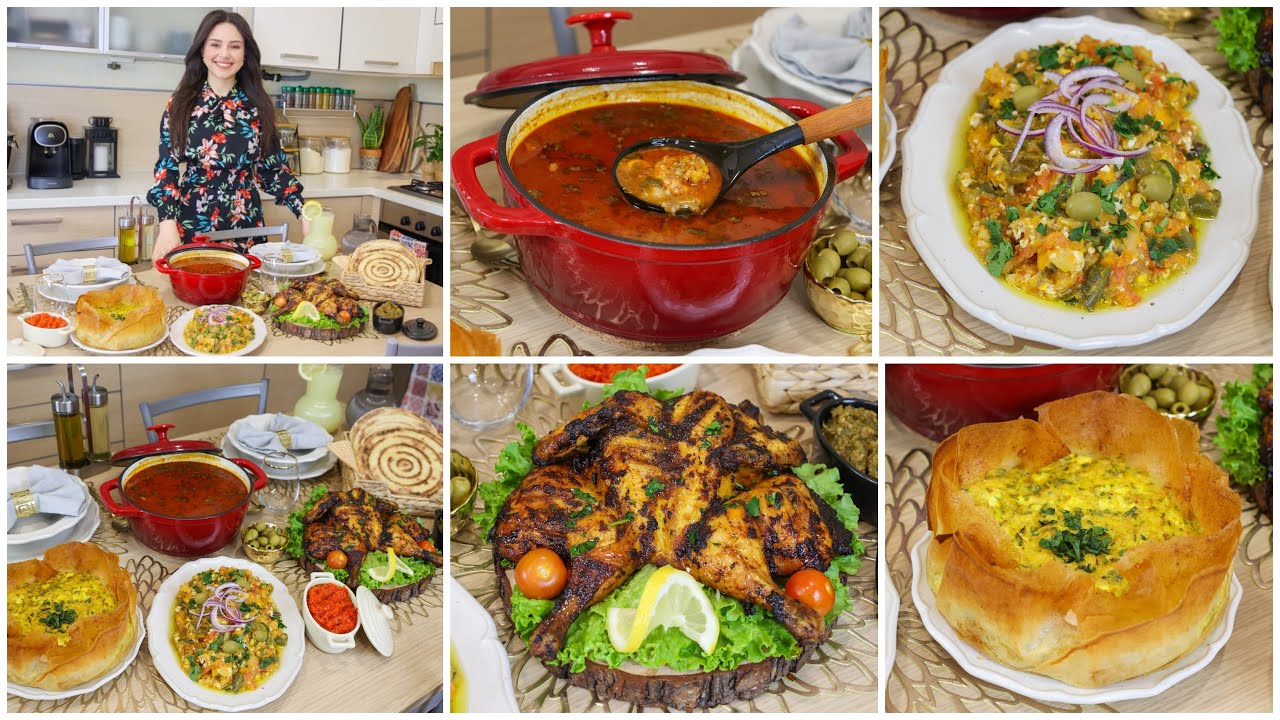 طاولة رمضان5🌙شربة شعير بالكروفات-كفتاجي في الفرن-دجاجة مشوية فاوحة-طاجين ملسوقة-خبز المطلوع بنة😋❤️